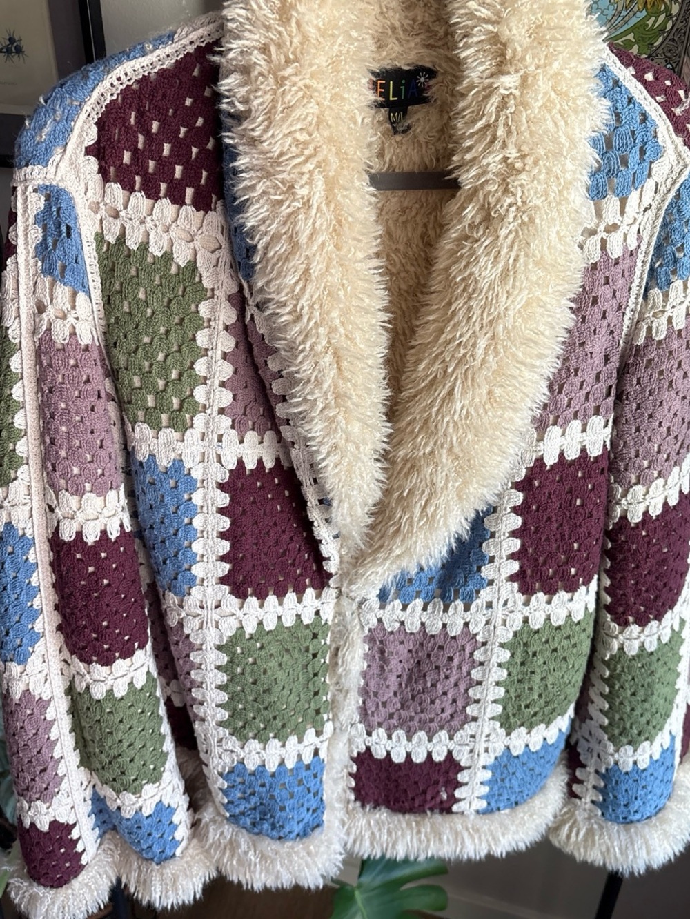 Patchwork Crochet Jacket with Faux Fur Trim - Multicolor - Picture 2 of 5